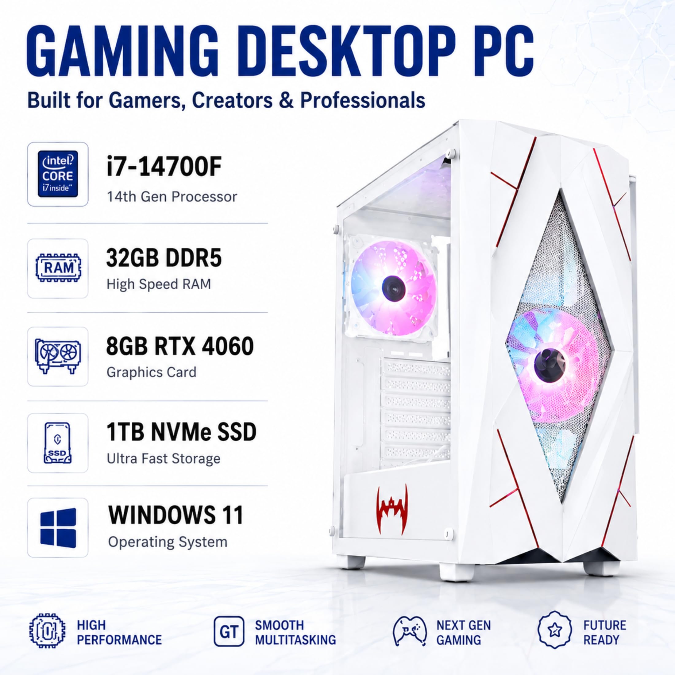 Gaming Desktop PC, Core i7-14700F 14th Gen, 32GB DDR5 RAM, 8GB RTX